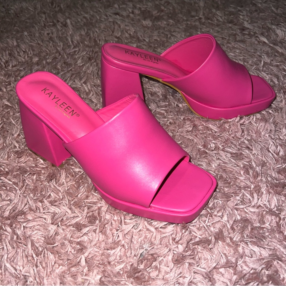 KAYLEEN By Los Angeles Hot Pink Block Heel Mules
